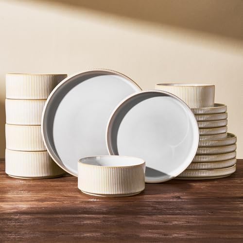 Dinnerware Set for 6, Ceramic Ribbed Plates, Bowls, Dishes by FamiwarePremium