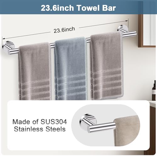 Polished Chrome Bathroom Hardware Set, 5 Pieces Chrome Towel Bar Bathroom Accessories, Upgraded Toilet Paper Holder with Shelf Set, 23.6 Inch Towel Rack Towel Holder for Bathroom Wall - Image 2