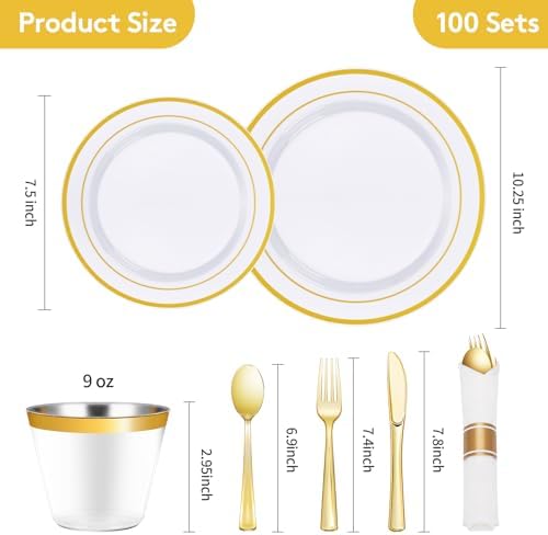 Goodluck 700 Piece Gold Plastic Dinnerware Set for 100 Guests - Image 2