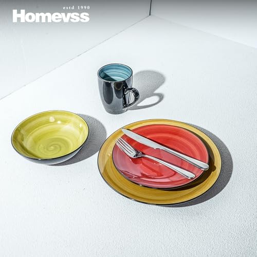 HomeVss, Stoneware Sonoma 16pc Dinnerware Set, Black + Speckled Spin Wash, Mix Blue, Green, Red, Yellow - Image 6