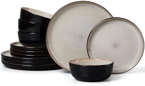 LIANYU Ceramic Dinnerware Set, 12 Piece Plates and Bowls for 4, Tidal Khaki by LIANYU