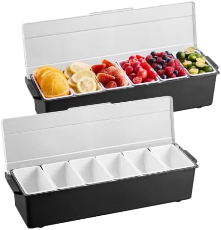 VEVOR Ice Cooled Condiment Serving Container, 6 Compartments Chilled Server, Fruit Veggie Condiment Caddy, Plastic Garnish Station Lid Dispenser Tray, for Bartending & Serving Taco Restaurant Supplies by VEVOR