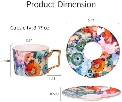 KAMMAK Tea Cups and Saucers Set of 2, Fine Bone China Coffee Cups, 569N - Image 5