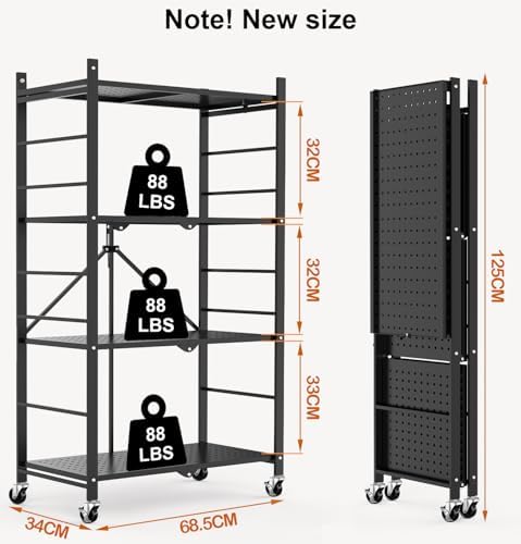 Himix 4-Tier Foldable Storage Shelf with Wheels 20 Hooks Black No Assembly - Image 3