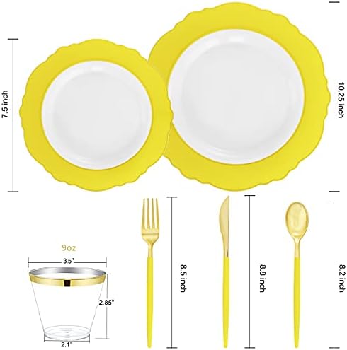 WDF 150pieces Yellow Disposable Dinnerware Hign-end Baroque Design - Sturdy&Durable Baroque Yellow Sunshine&Gold Plastic Dinnerware for Upscale Wedding & Thanksgiving Parties (Pack of 2) - Image 2