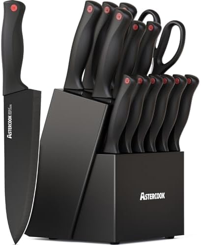 Astercook Knife Set for Kitchen with Block and Sharpener 15pcs German by Astercook