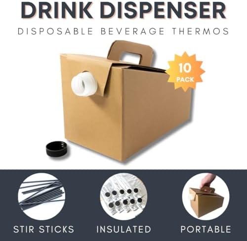 Disposable Coffee To Go Container for Catering Hot or Cold Beverages; 10 Portable and Insulated 96 oz Carafe; Cardboard Coffee Box with Handle; Includes 100 Pack Plastic Stir Sticks - Image 2