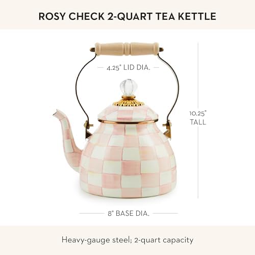 MACKENZIE-CHILDS Tea Kettle, 2 Quarts, Pink-and-White Rosy Check - Image 4