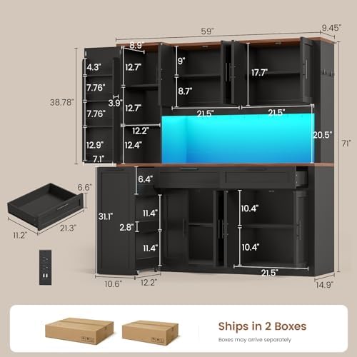 Itaar 71" Kitchen Pantry Cabinet with Charging Station and Led Light, Kitchen Storage Cabinets with Microwave Stand, 59" Wide Pantry Storage Cabinet with Storage Cart 3 Tier for Dining Room, Black - Image 2