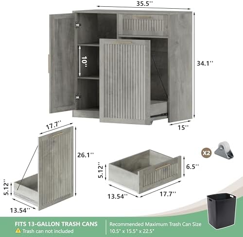 Single 13 Gallon Pull Out Trash Can Cabinet with Storage Cabinet,Wood Grey - Image 2
