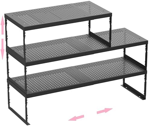 Stackable Expandable Metal Shelf Organizer - Adjustable Wire Storage Rack with Holes for Kitchen, Bathroom, Cabinet, Office - Space Saving, Durable & Sturdy Design（3PACKS/Large/Black by HOMEPAGE