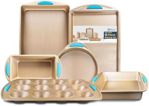 Perlli Baking Kit: Nonstick Gold Steel Oven Set - 6 Pieces, Round Cake Pan, Loaf Pan, Square Pan, Muffin Pan, Cookie Sheet, Roaster - Silicone Handles by PERLLI