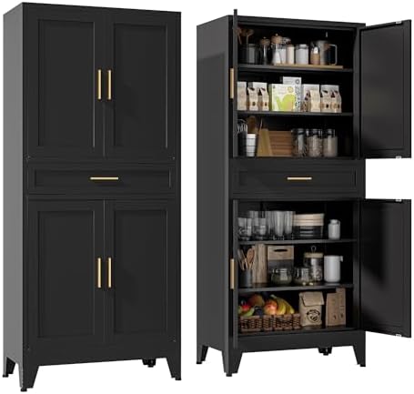 YAUWOH 71''Tall Kitchen Pantry Cabinet with Drawer,6-Tiers Metal Pantry Storage Cabinet with 4 Adjustable Shelves and 4 Barn Doors, Freestanding Farmhouse Food Cupboard for Dining Room (1PC,Black) by YAUWOHFactoryOutletsColorfulMetalFurniture