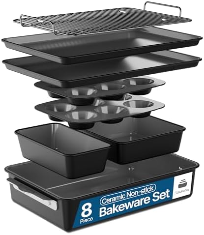 Bakken 8-Piece Ceramic Coated Bakeware Sets, Nonstick Aluminized Steel Pans with Muffin, Loaf, Cake, Roasting Pan, & Cooling Rack, Oven Safe Up To 500°F, Dishwasher Safe, BPA, PTFE & PFAS Free, Black by BAKK%C3%8BNMASTER