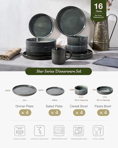 Famiware Star Stoneware Dinnerware Sets with Pasta Bowls, 16pc Dishes for 4 - Image 3