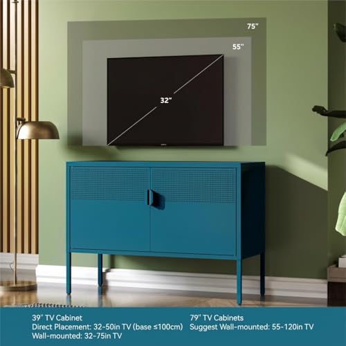 COFaR TV Stand for TVs up to 75 Inch, 40 Inch Media Console with Ventilation Doors, Metal Entertainment Center with Adjustable Shelves & 120Lbs Storage for Living Room & Bedroom, Peacock Blue - Image 5