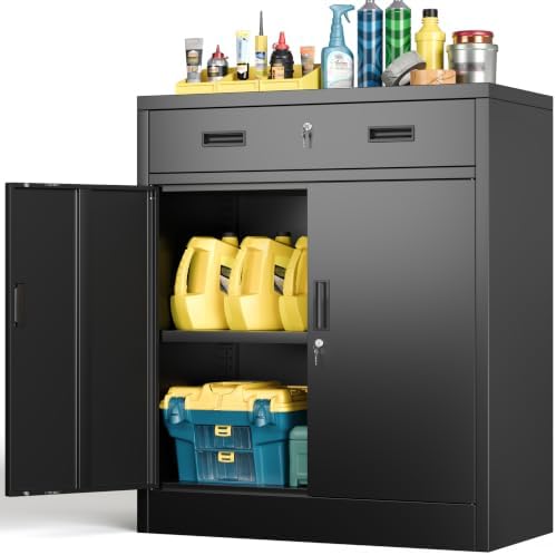 BESFUR Metal Storage Cabinet with Doors and Shelves, 36" H Locking Storage Cabinet with 1 Drawers, Reinforced Heavy Duty Metal Cabinets for Garage, Office, Home(Black) by BESFUR