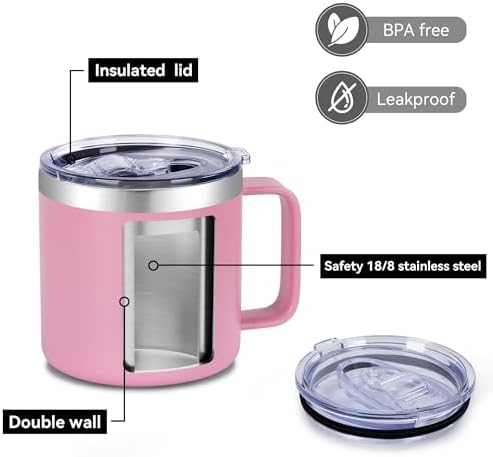 VEGOND 14 oz Insulated Coffee Mug Bulk with Handle, Stainless Steel Travel Coffee Mug with Lid, Double Wall Vacuum Metal Coffee Cup, Coffee Tumbler Powder Coated, Pink 8 Pack - Image 4