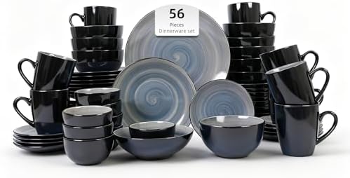 HomeVss, Stoneware Sonoma Dinnerware Set, Black + Speckled Spin Wash (56pc Set, Grey) by HomeVSS