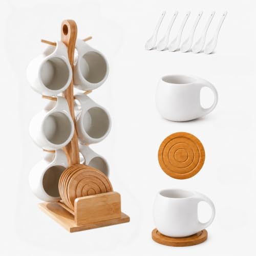 Coffee Mug Set of 6 with Bamboo Rack, White Ceramic Coffee Cups with Coasters and Spoons, Space Saving Mug Tree Stand Organizer for Coffee Bar, Kitchen Counter, Tea, Cappuccino, Espresso, 6 oz by Unknown