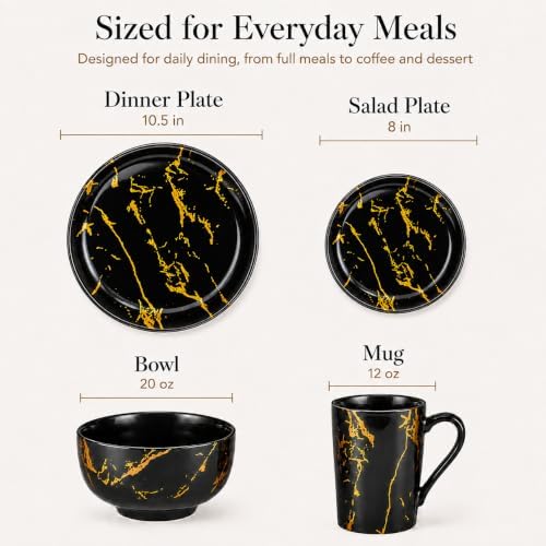 Black and Gold Marble Dinnerware Set for 4, 16-Piece Porcelain - Image 3