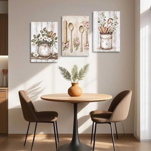YMXDYMJSW Vintage Kitchen Wall Art 3 Piece Kitchenware Pictures Fork Knife Spoon Floral Canvas Print Farmhouse Floral Tableware Painting for Dining Room Home Decor (Beige, (16.00" x 24.00" x 3PCS)) - Image 3