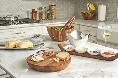 nambe Vie Condiment Server | 3 Piece Set | Perfect for Serving Nuts, Olives | Round Acacia Wood Tray with 3 Glass Serving Bowls | Functional and Stylish Snack Set | Measures at 12.5" x 2" - Image 4