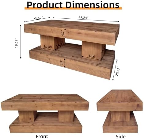 Rustic Solid Wood Coffee Table for Living Room, Big Rectangle Coffee Table - Image 2