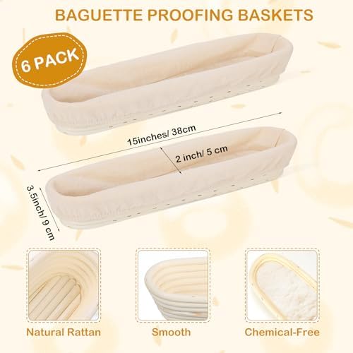 Vesici 15 Inches Baguette Banneton Proofing Basket 6 Pack with Linen Liner Baguette Banneton Bread Baking Baskets Rattan Dough Proofing Baskets for Baguette, Home Bake, Bakers Supplies, Baking Gifts - Image 3
