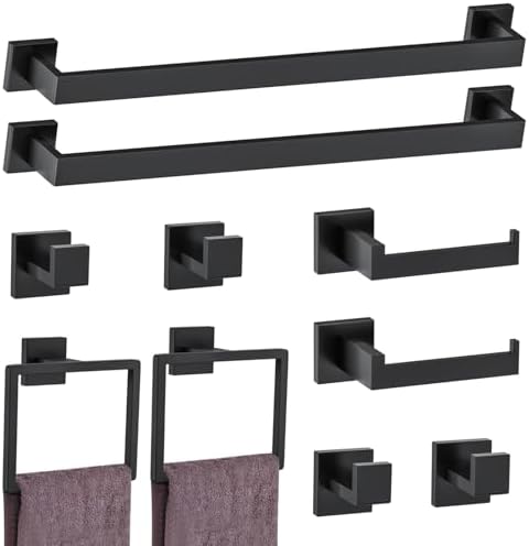 10-Piece Matte Black Bathroom Hardware Accessories Set Black Towel Bar Set Towel Holder Set Stainless Steel Wall-Mounted Towel Rack Set for Bathroom,23.6 Inch Towel Rails by Woekme