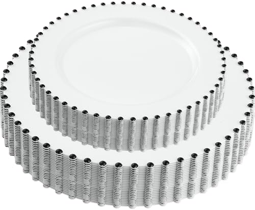 PLASTICPRO 64 Piece Combo Plastic Dinner Plates Disposable Plastic Fancy Heavy Duty Party Dishes 7 inch and 10 inch, White and Black Beaded by PLASTICPRO