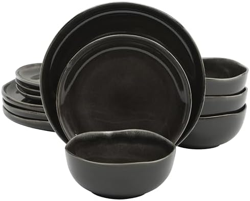 Gibson Elite Nardini 12 Piece (Service for 4) Plates and Bowls Reactive Glaze Dishes Stoneware Ceramic Dinnerware Set - Black by GibsonHomewares