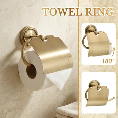 4 Pcs Antique Brass Gold Bathroom Accessories Set Wall-mounted Adjustable Towel Rack & Round Towel Ring & Covered Toilet Paper Holder & Robe Hook Wall Mounted Brass Vintage Bath Hardware Set - Image 3