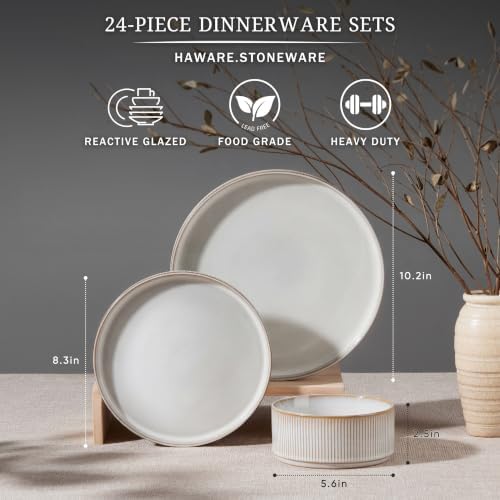 HaWare Dinnerware Sets, Plates and Bowls Set for 8, Reactive Dawn Beige - Image 2