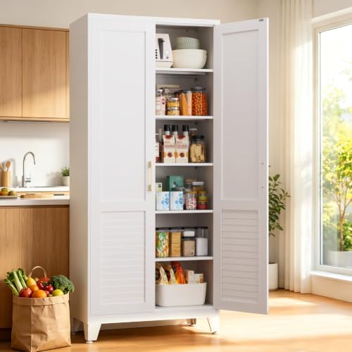 74.8" H Tall Storage Cabinet, Kitchen Pantry Cabinet with Doors, White Freestanding Kitchen Cabinet for Kitchen, Dining Room & Pantry Organization, Adjustable Shelves, 74.8" Hx31.5 Wx15.7 D by AXASIIO