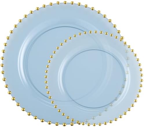 PLASTICPRO 128 Piece Combo Plastic Dinner Plates Disposable Plastic Fancy Heavy Duty Party Dishes 7 inch and 10 inch, Translucent Blue and Gold Beaded - Image 7