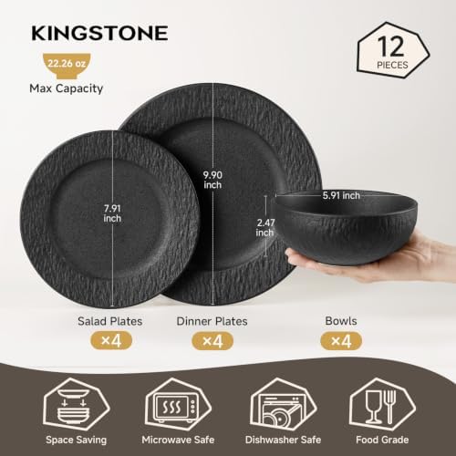 Black Dinnerware Sets, 12-Piece plates and bowls sets, Matte Marble - Image 2