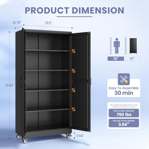71"Metal Garage Storage Cabinets with Wheels & Adjustable 4 Shelves - Image 3