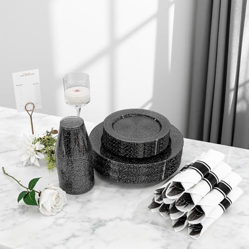 DaYammi 350PCS Black Glitter Plastic Dinnerware Set for 50 Guests - Image 2