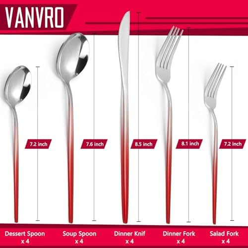 VANVRO Gradient Red Silverware Set, 20-Piece Stainless Steel Flatware Set, Kitchen Dinnerware Set Service for 4, Include Knife/Fork/Spoon, Mirror Polished, Dishwasher Safe - Image 2