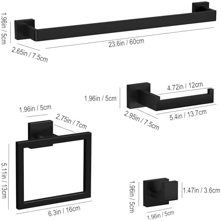 5-Pieces Matte Black Bathroom Accessories Set 23.6 Inch Towel Bar Set. - Image 2