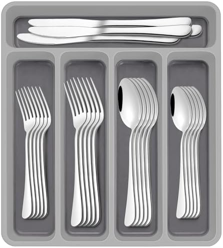 60-Piece Silverware Set with Organizer,AIVIKI Stainless Steel Flatware Set for 12,Cutlery Utensil Sets for Home Restaurant,Tableware Set Include forks spoons and knives,Mirror Polished,Dishwasher Safe by AIVIKI