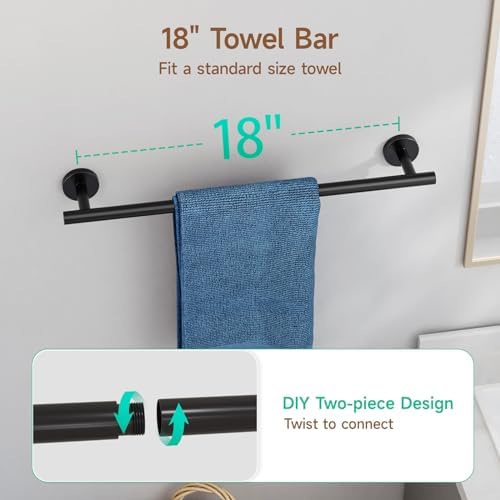 USHOWER 8PCS Matte Black Bathroom Hardware Set, 18-Inch Towel Bar Set - Image 4