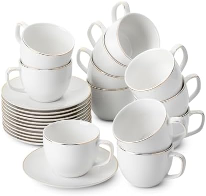 BTaT- Cappuccino Cups with Saucers 8 oz, Set of 12, White Porcelain Coffee Cup and Saucer Set for Latte with Golden Trim Design, Dishwasher Safe, Mocha, Tea, Au Lait, Flat White by BrewToATea