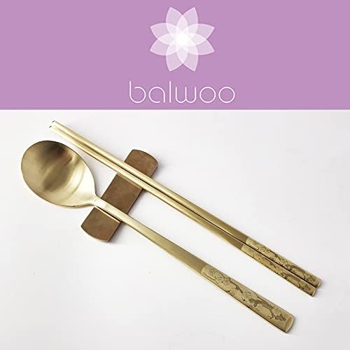 [5 Sets] [Made in Korea] Korean Sticky Rice Spoon Chopsticks Set Gold Titanium Plating 304 Stainless Steel Tableware Cutlery Set Mukbang Chopsticks (Korean Apricot Blossom TITANIUM, 5 Sets) - Image 2