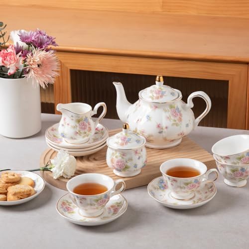 Sweejar Porcelain Tea Set Vintage Floral, British Relief Gold Rim Teapot Cup and Saucer Sets, 22-Piece Tea Sets for Adults, with Teapot, Sugar Bowl, Milk Jug, Spoons, Cup and Saucer (Small Flower) - Image 5