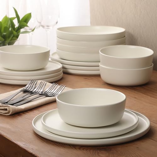 Gibson Elite Bayou Moon Plates and Bowls Sets, 16-Piece White Matte Stoneware Dinnerware Sets, Solid Color Reactive Glaze Dish Set - Image 5