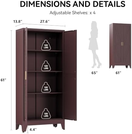 COFaR 61" Metal Storage Cabinet with Doors and Adjustable Shelves, Tall Pantry Cabinet Freestanding Kitchen Pantry Storage Cabinet, Steel Cupboard for Bathroom, Living Room & Office, Reddish Brown - Image 2