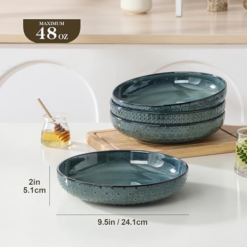 MALACASA 48 Oz Large Pasta Bowls, 9.5 Inch Ceramic Salad Bowls Serving Bowls, Wide and Shallow Plates Pasta Plates, Modern Relief Design, Microwave & Dishwasher Safe, Set of 4, Green, Series LYDIA - Image 2