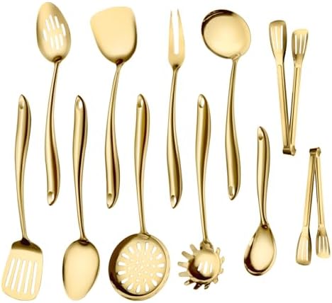 304 Gold Stainless Steel Cooking Utensils Set, 11 PCS Long Large Metal Cooking Utensil Tools Set with Fork, Spatulas, Spoons, Skimmer, Ladle, Pasta Server, Tongs by Unknown